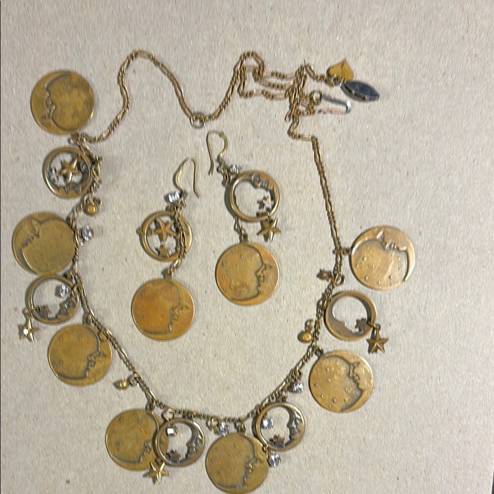 Brass tone Moon & Stars Charm Necklace and Earring Set